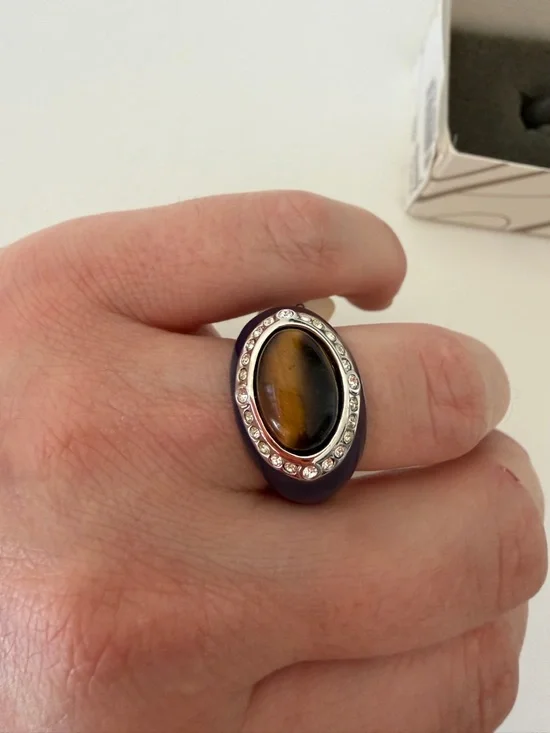 Oval Tiger's Eye Statement Ring with Rhinestone Halo - Picture 1 of 6